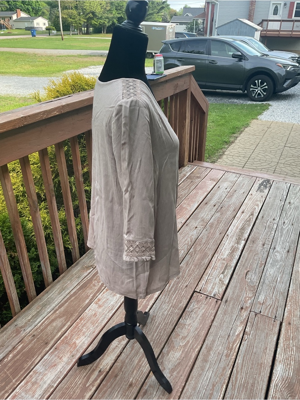 Light Taupe V-Neck Lace-Trim Top - Picture 2 of 5